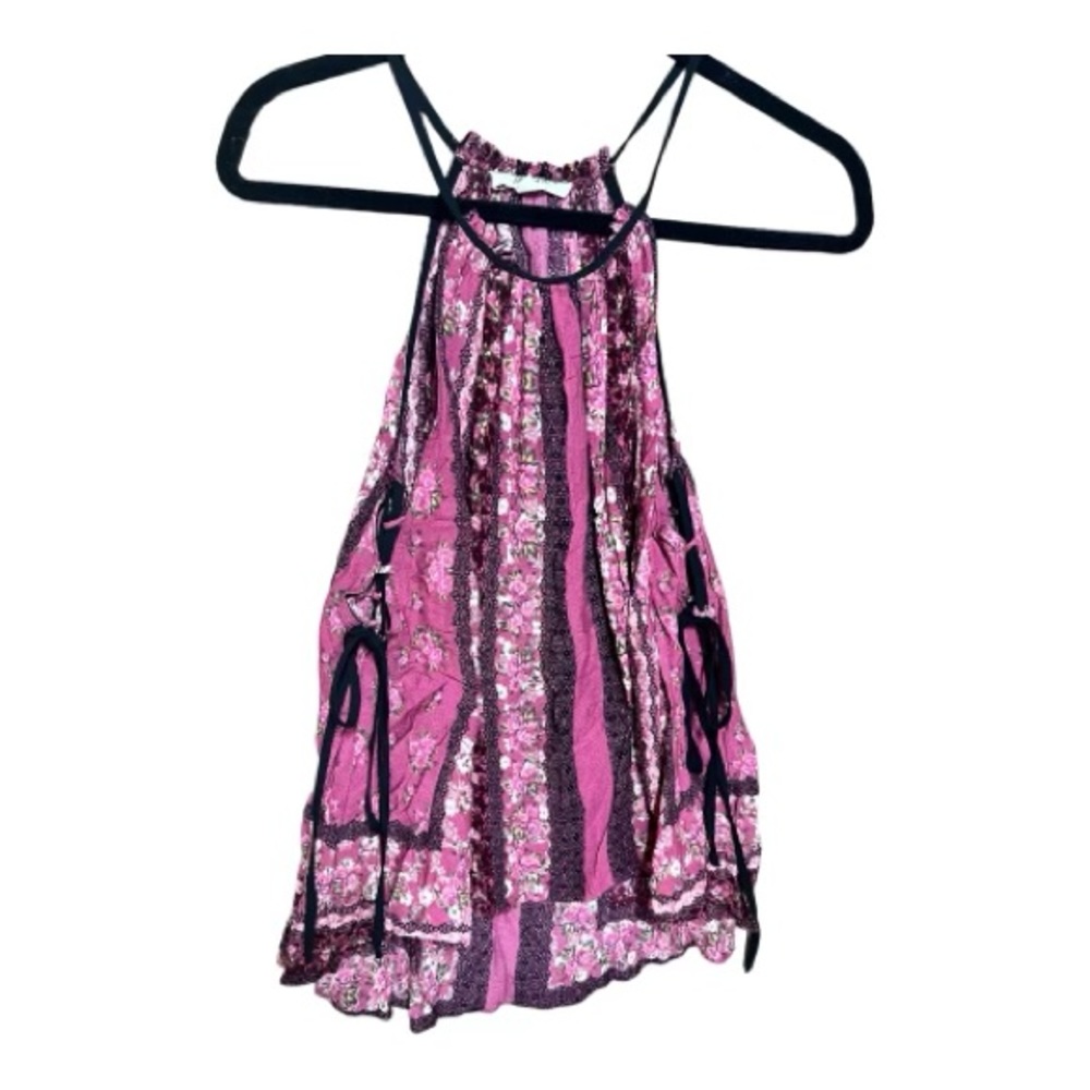 Takara Medium tank top lace up sides floral pattern pink and green